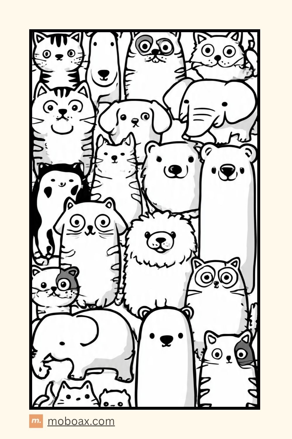 Printable coloring page for kids, black and white line art, thick clean outlines, simple cute animals like cats, dogs, and elephants, large shapes, no shading, white background, coloring book style